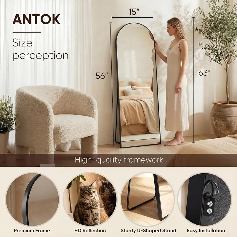 Antok 56" x15â€ Arched Full Length Floor Mirror, Black Aluminum Frame, Free Standing/Wall Mount/Leaning for Bedroom, Living Room, Dressing Room - Image 4