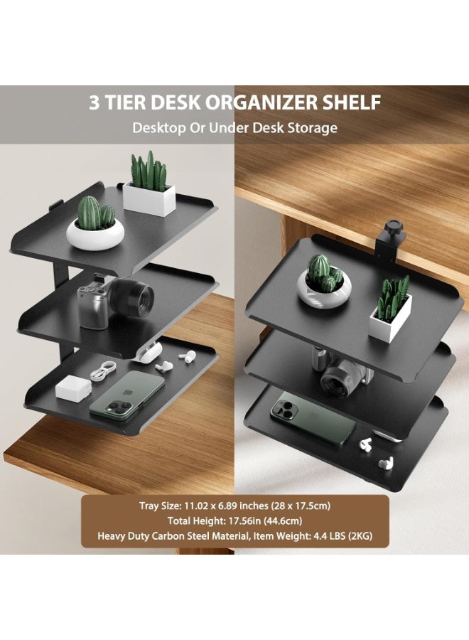 XiuWoo 3-Tier Metal Clamp-On Desk Shelf Organizer, Adjustable Metal Storage Tray, Headphone Desktop Stand , Under Desk Extension Shelving Unit, No Drilling Anti-Slip Exender Shelf for Home Office - Image 2