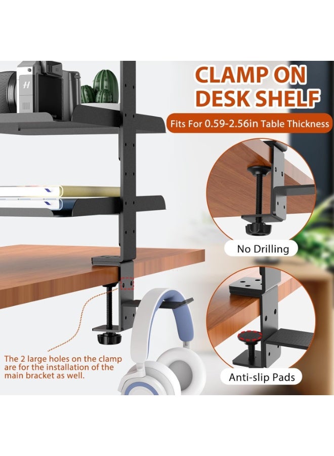 XiuWoo 3-Tier Metal Clamp-On Desk Shelf Organizer, Adjustable Metal Storage Tray, Headphone Desktop Stand , Under Desk Extension Shelving Unit, No Drilling Anti-Slip Exender Shelf for Home Office - Image 5