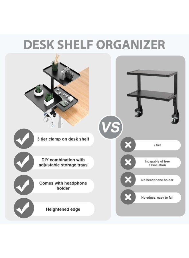 XiuWoo 3-Tier Metal Clamp-On Desk Shelf Organizer, Adjustable Metal Storage Tray, Headphone Desktop Stand , Under Desk Extension Shelving Unit, No Drilling Anti-Slip Exender Shelf for Home Office - Image 3
