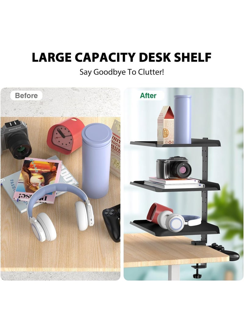 XiuWoo 3-Tier Metal Clamp-On Desk Shelf Organizer, Adjustable Metal Storage Tray, Headphone Desktop Stand , Under Desk Extension Shelving Unit, No Drilling Anti-Slip Exender Shelf for Home Office - Image 4