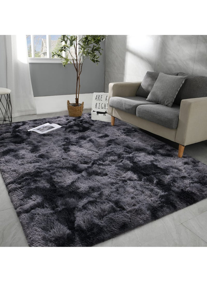LOKIPA Large Area Rugs for Living Room, Super Soft Fluffy Modern Bedroom Rug, Tie-Dyed Dark Grey Indoor Shag Fuzzy Carpets for Girls Kids Nursery Room Home Decor-Grey - Image 1