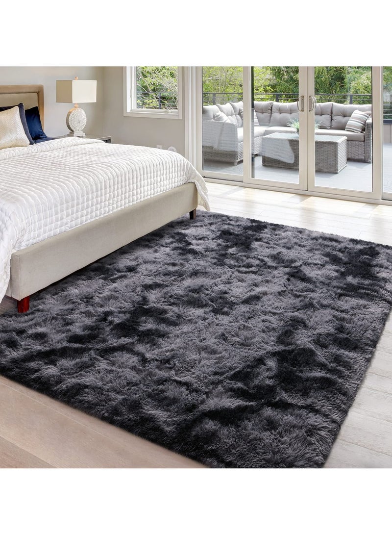 LOKIPA Large Area Rugs for Living Room, Super Soft Fluffy Modern Bedroom Rug, Tie-Dyed Dark Grey Indoor Shag Fuzzy Carpets for Girls Kids Nursery Room Home Decor-Grey - Image 3