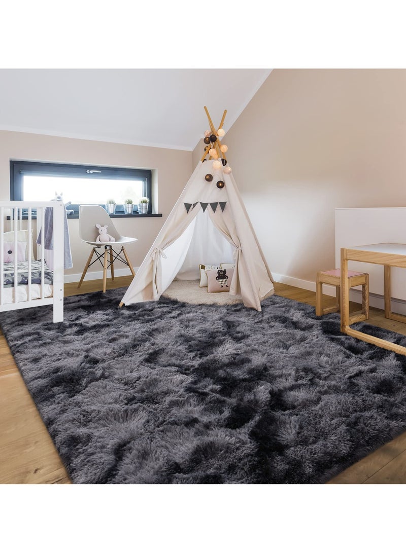 LOKIPA Large Area Rugs for Living Room, Super Soft Fluffy Modern Bedroom Rug, Tie-Dyed Dark Grey Indoor Shag Fuzzy Carpets for Girls Kids Nursery Room Home Decor-Grey - Image 4