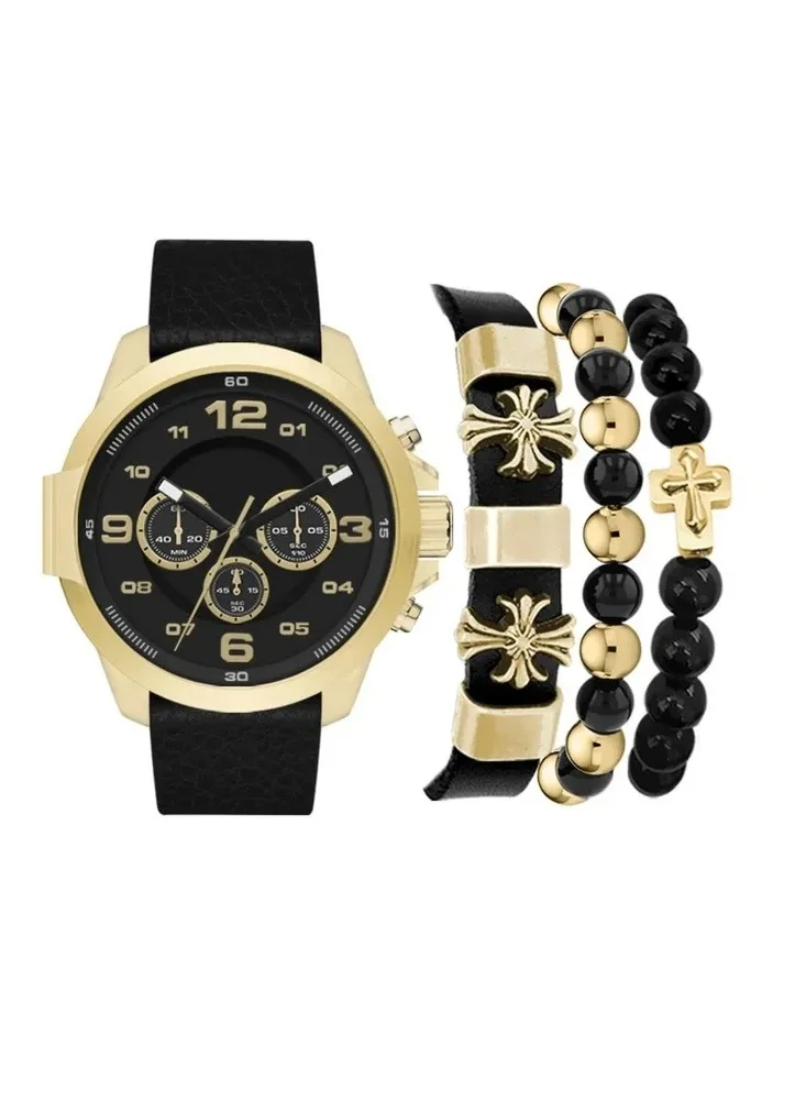 American Exchange American Exchange Mens Black/Black Stackable and Bracelet Watch with PU Leather Strap, 8038G-42-G02