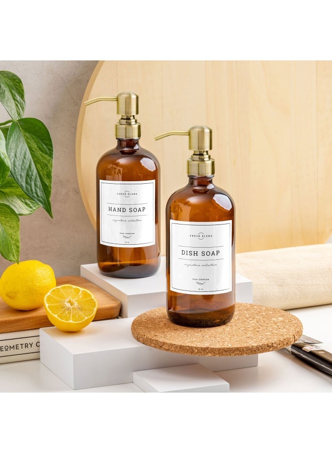 Vine Creations Amber Glass Soap Dispenser 2 Pack Kitchen Soap Dispenser Set with Stainless Steel Pump 16 oz Dish Soap and Hand Soap Dispensers for Bathroom with Waterproof Labels - Image 3