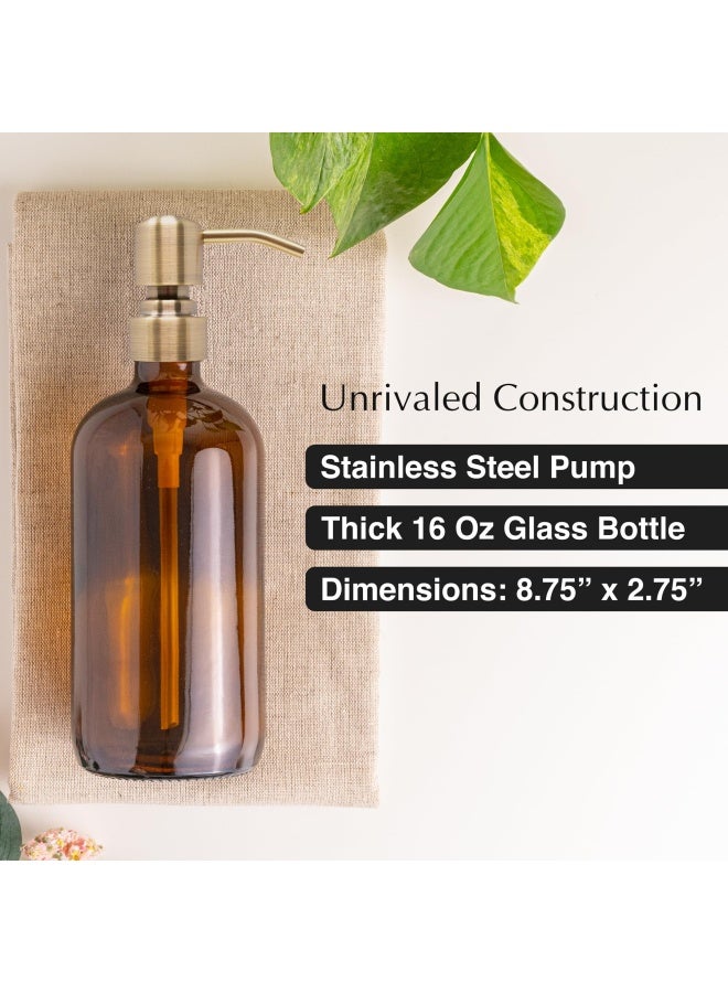 Vine Creations Amber Glass Soap Dispenser 2 Pack Kitchen Soap Dispenser Set with Stainless Steel Pump 16 oz Dish Soap and Hand Soap Dispensers for Bathroom with Waterproof Labels - Image 4