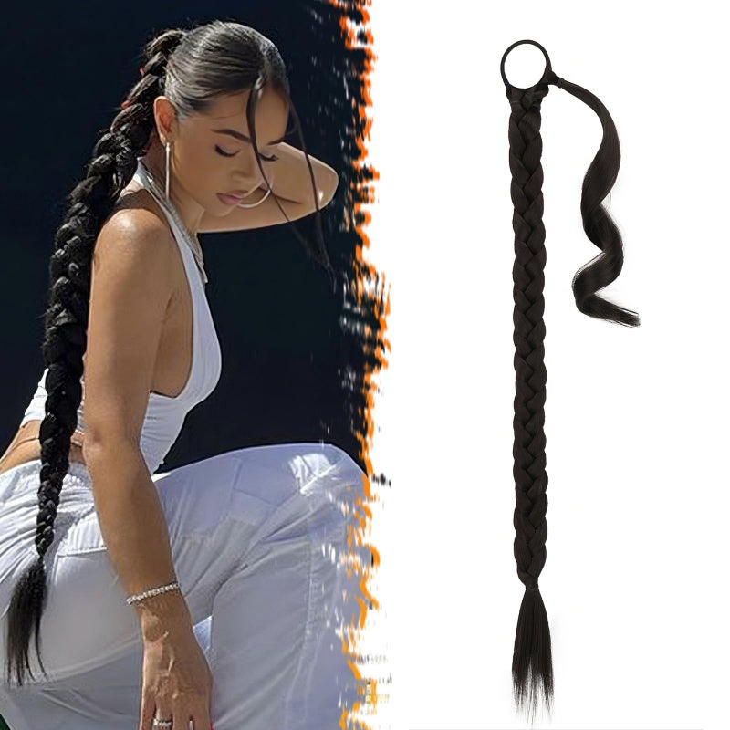 BARSDAR 26 Inch Long Braided Ponytail Extension with Hair Tie - Straight Sleek Wrap Around Dark Brown Braided Ponytail Hair Extensions - Synthetic Pony Tails Hairpieces for Women - Dark Brown - Image 1
