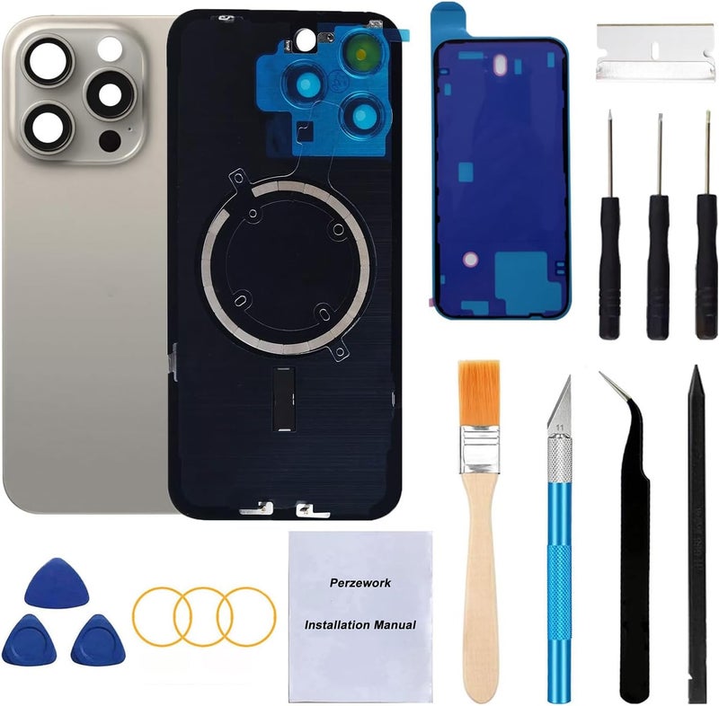 Perzework Rear Back Glass Replacement for iPhone 15 Pro 6.1-inches + Pre-Installed Plate and Camera Frame + Reparing Toolkit (Natural Titanium) - Image 1