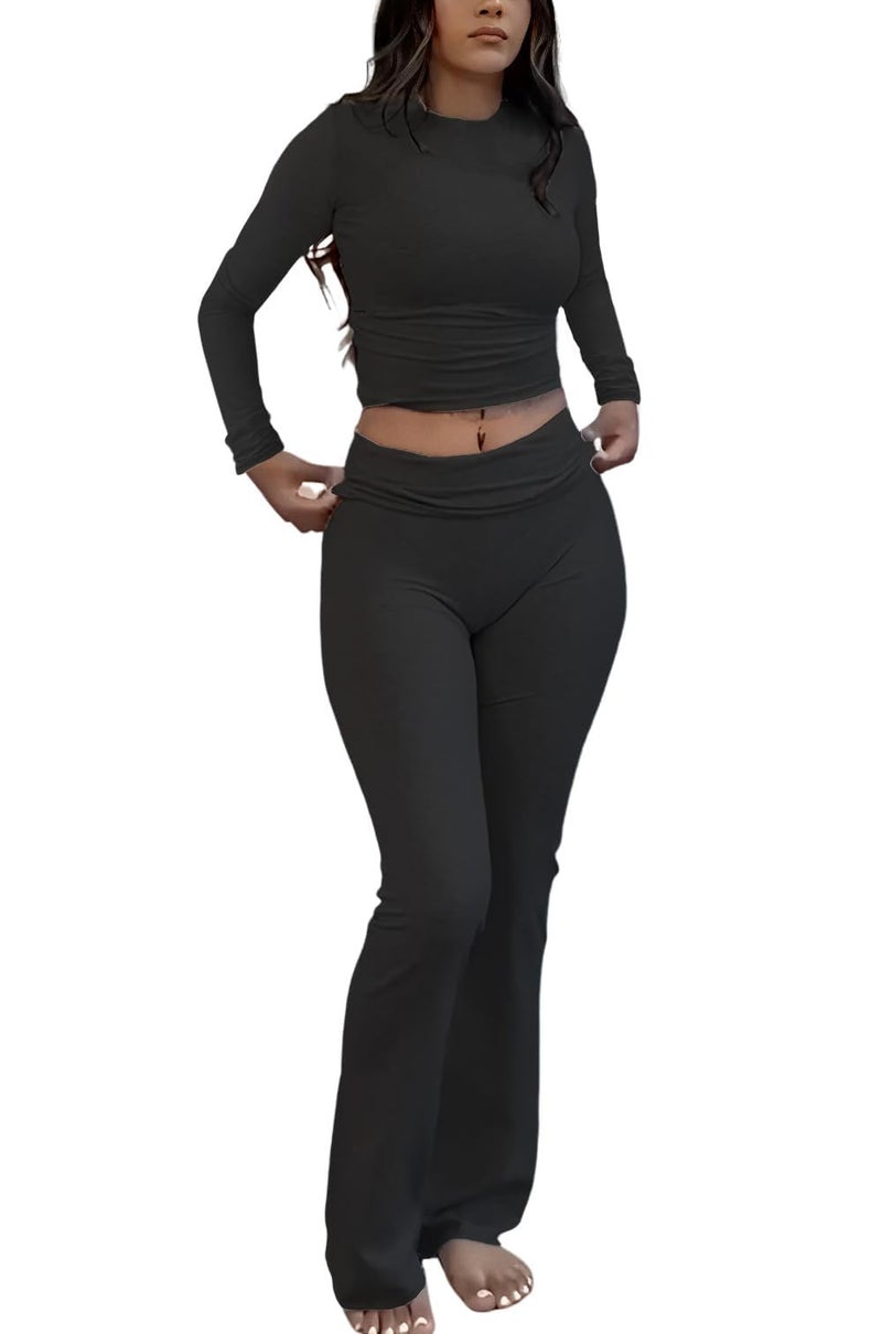 ZFLM Casual Workout Two Piece Outfits Long Sleeve High Waist Fold-Over Flared Leggings Pants Tracksuit Sets Streetwear - Image 1