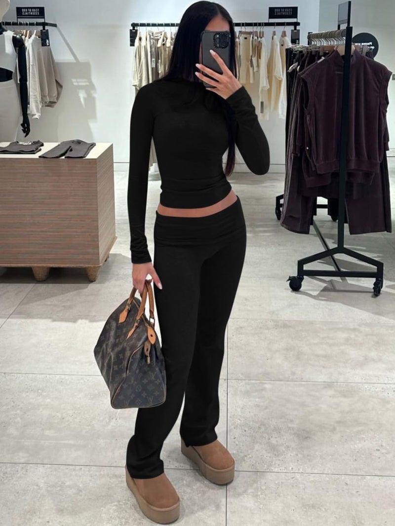 ZFLM Casual Workout Two Piece Outfits Long Sleeve High Waist Fold-Over Flared Leggings Pants Tracksuit Sets Streetwear - Image 4