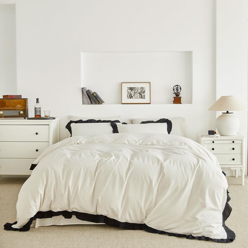 SUSYBAO Ruffle Duvet Cover Queen 100% Washed Cotton Black Ruffled Duvet Cover 3 Pieces Set 1 Cute Black White Lace Duvet Cover with Zipper Ties 2 Pillow Shams Soft Farmhouse Princess Bedding Set - Image 1
