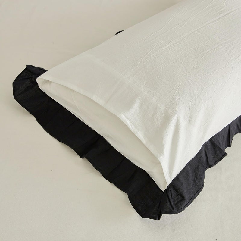 SUSYBAO Ruffle Duvet Cover Queen 100% Washed Cotton Black Ruffled Duvet Cover 3 Pieces Set 1 Cute Black White Lace Duvet Cover with Zipper Ties 2 Pillow Shams Soft Farmhouse Princess Bedding Set - Image 4