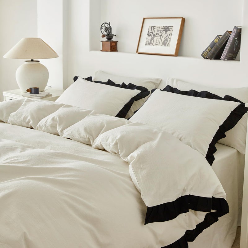 SUSYBAO Ruffle Duvet Cover Queen 100% Washed Cotton Black Ruffled Duvet Cover 3 Pieces Set 1 Cute Black White Lace Duvet Cover with Zipper Ties 2 Pillow Shams Soft Farmhouse Princess Bedding Set - Image 2