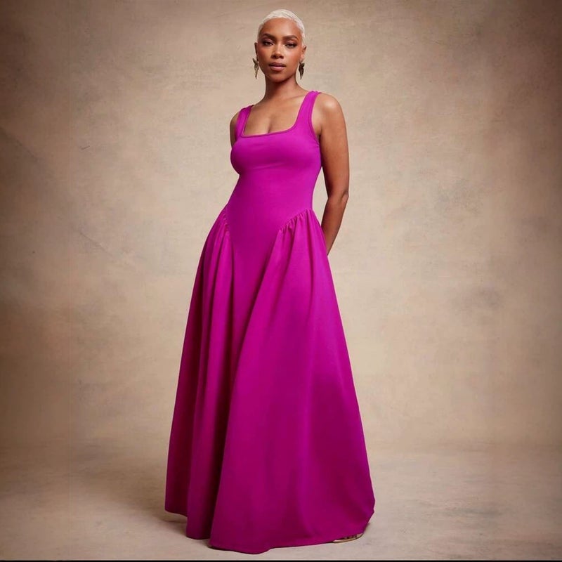 Women's Rose Red Square Neck Sleeveless A-Line Maxi Pleated Dress - Image 1