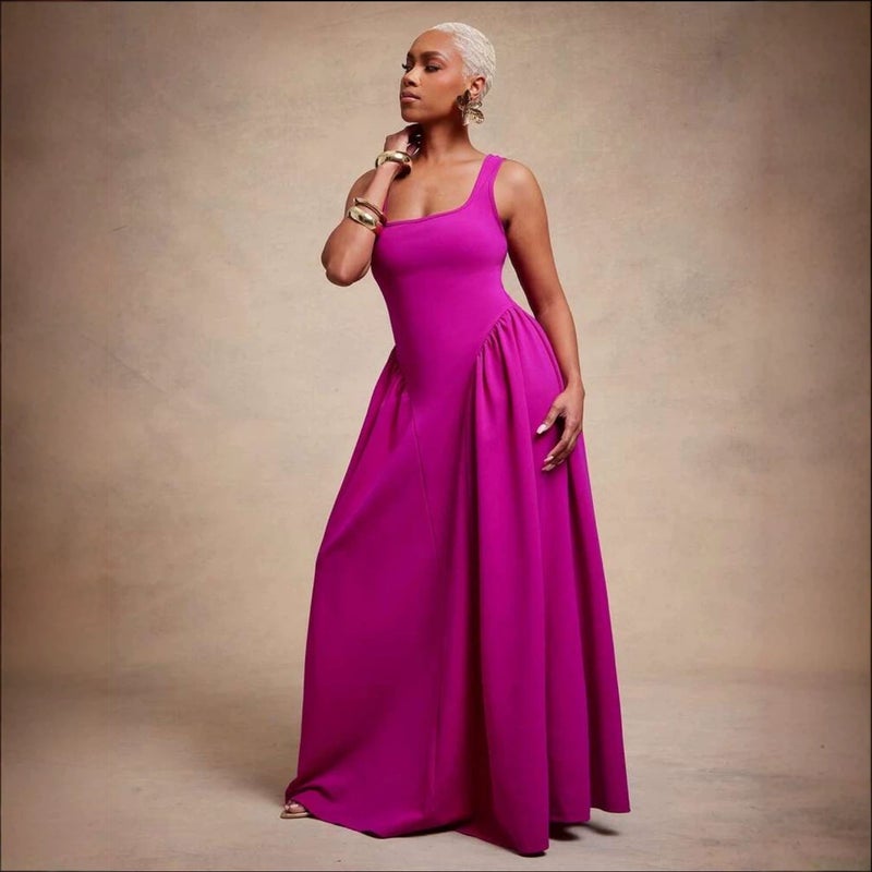 Women's Rose Red Square Neck Sleeveless A-Line Maxi Pleated Dress - Image 4