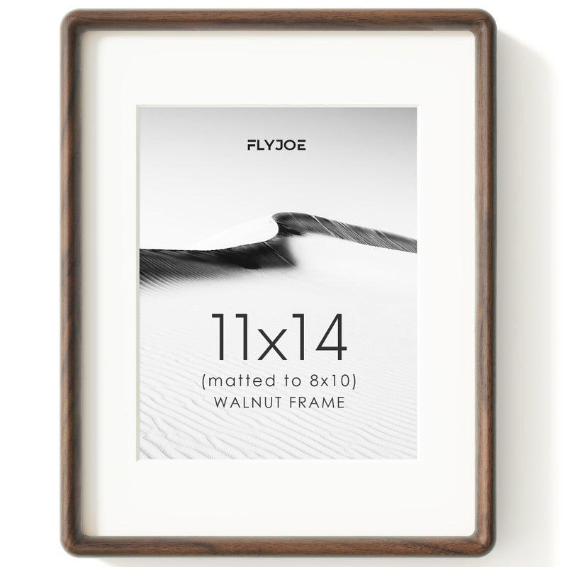 FLYJOE 11x14 Picture Frame, Natural Solid Walnut Wood Photo Frame with HD Tempered Glass, Rounded Corner Wooden Frame 11 x 14 Matted to 8x10, Horizontal or Vertical Wall Mounting - Image 1