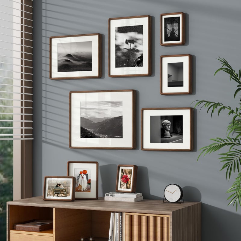 FLYJOE 11x14 Picture Frame, Natural Solid Walnut Wood Photo Frame with HD Tempered Glass, Rounded Corner Wooden Frame 11 x 14 Matted to 8x10, Horizontal or Vertical Wall Mounting - Image 5
