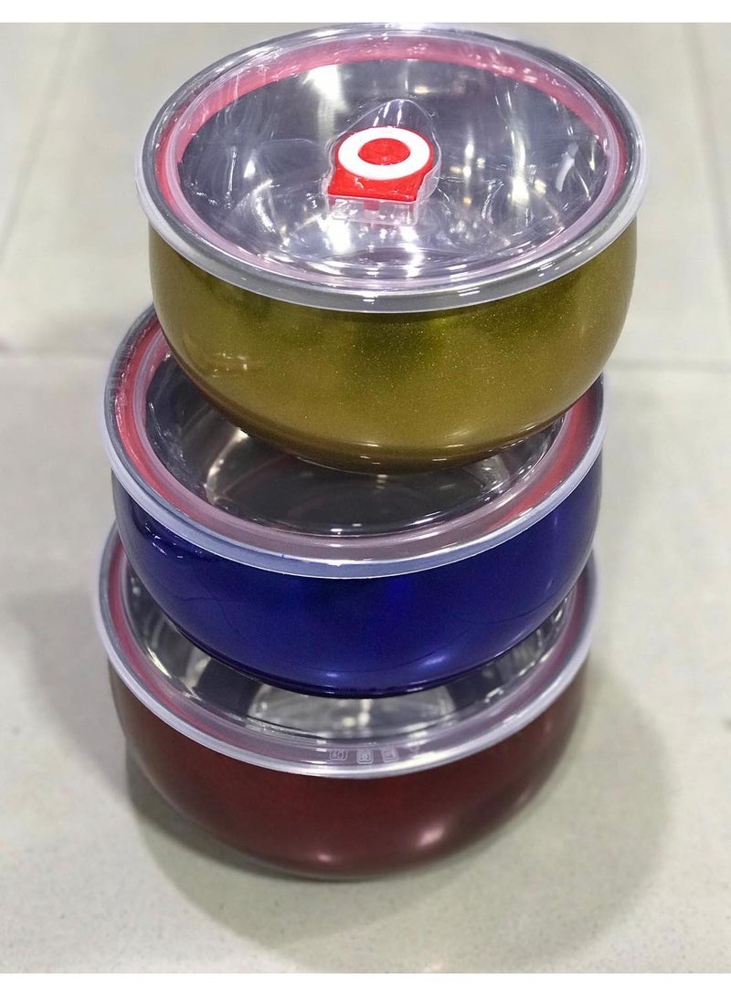 علب ثلاجة من الستانلس ستيل بغطاء بلاستيك – متعدد الألوان (طقم 3 قطع) - Image 1