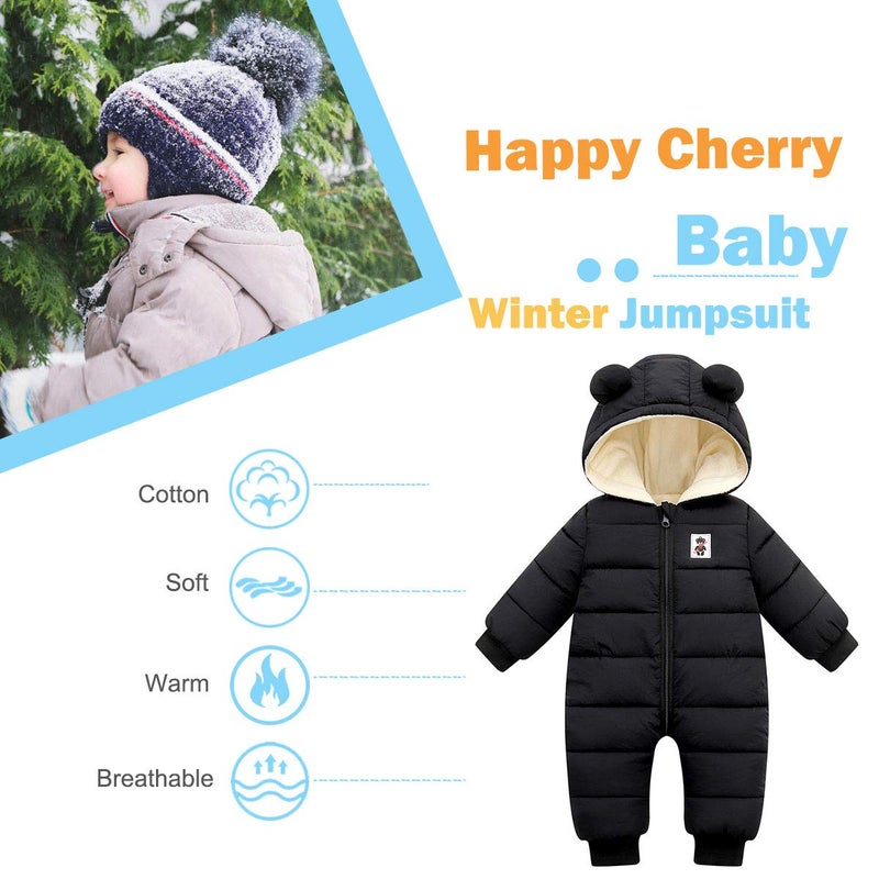 Happy Cherry Baby Hooded Puffer Jacket Jumpsuit Long Sleeve Romper Winter Snowsuit Coat Zipper One-Piece Outwear Down Coats 18-24 Months Black - Image 3