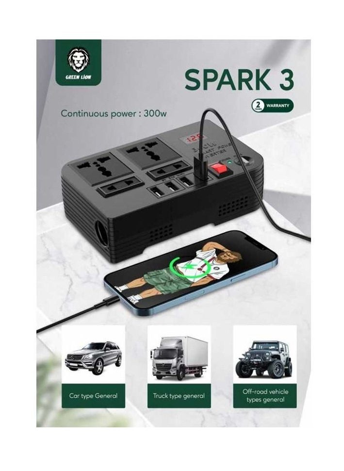 Green - Spark 3 Car Power Inverter 300W With Four USB And Mutiple Socket High Voltage Protection Overload Protection - Image 1