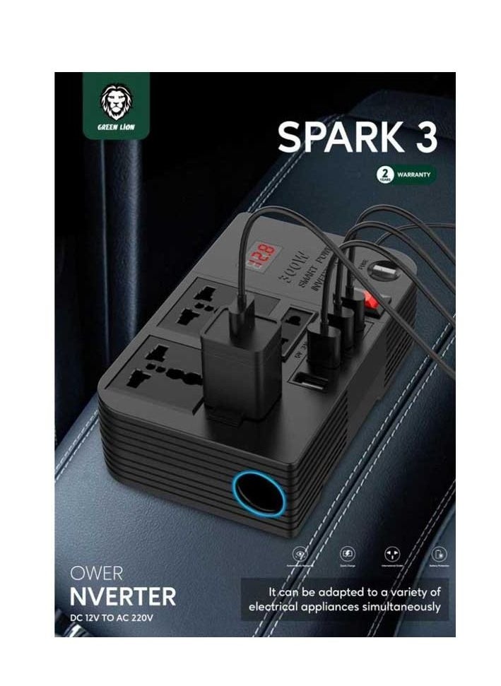 Green - Spark 3 Car Power Inverter 300W With Four USB And Mutiple Socket High Voltage Protection Overload Protection - Image 1