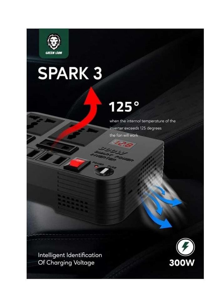 Green - Spark 3 Car Power Inverter 300W With Four USB And Mutiple Socket High Voltage Protection Overload Protection - Image 1