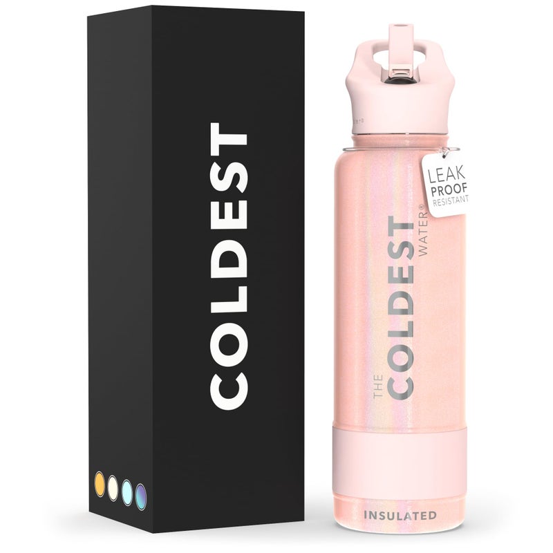 THE COLDEST WATER Coldest Insulated Water Bottle with Straw Lid  Stainless Steel Metal Thermos for Men  Women Forever Pink Glitter 40 oz
