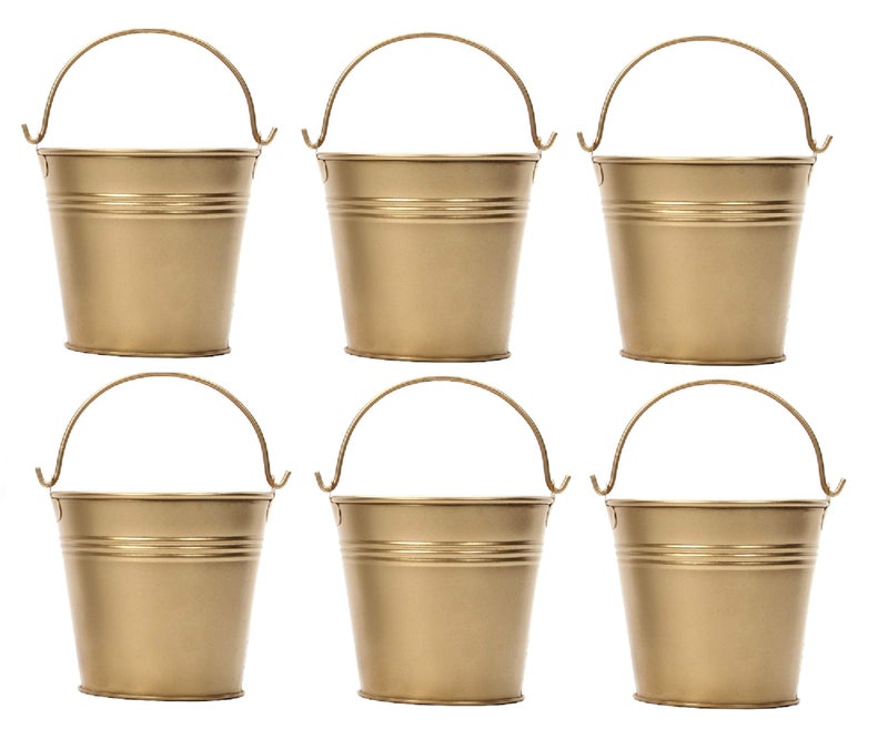 Hosley 6 Pack Gold Metal Buckets, 4" Dia x 3.6" H. Ice Pails for Plants, Succulents, Party Favors Organizing, Rustic Home DÃ©cor or Classrooms Pencil Storage - Image 1