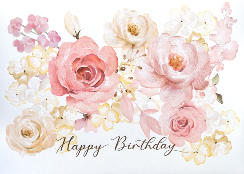 Gooji 5x7 Floral Happy Birthday Card â€“ Birthday Cards for Women â€“ For Daughter, Wife, Mom, Friend, Grandma & More â€“ Heartfelt Card with Pink Watercolor Flowers (Blush Bloom) Gold Foil - Image 1
