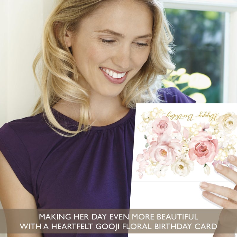 Gooji 5x7 Floral Happy Birthday Card â€“ Birthday Cards for Women â€“ For Daughter, Wife, Mom, Friend, Grandma & More â€“ Heartfelt Card with Pink Watercolor Flowers (Blush Bloom) Gold Foil - Image 2