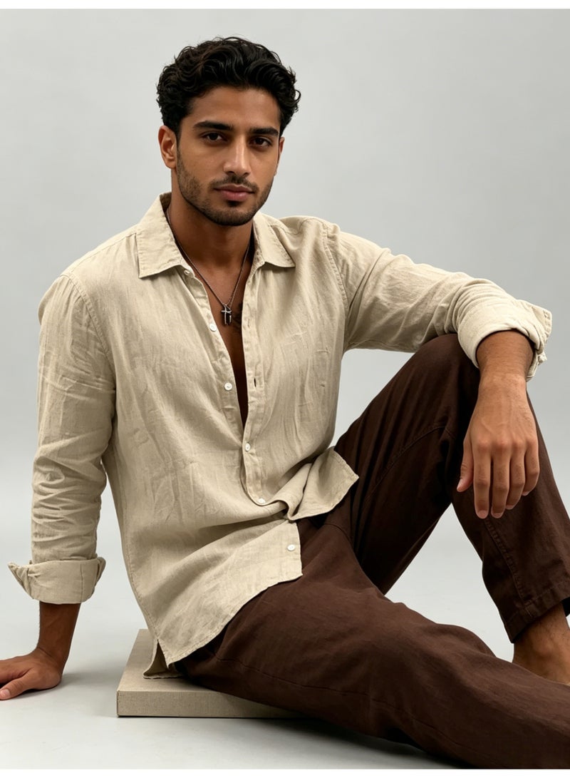 زارا ZARA Men’s Beige Relaxed Fit Long Sleeve Linen Button Down Shirt - Image 2