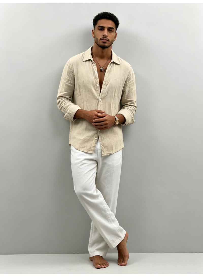 زارا ZARA Men’s Beige Relaxed Fit Long Sleeve Linen Button Down Shirt - Image 3