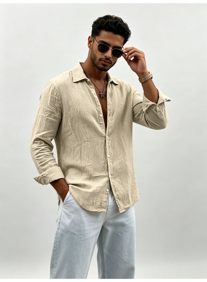 زارا ZARA Men’s Beige Relaxed Fit Long Sleeve Linen Button Down Shirt - Image 5