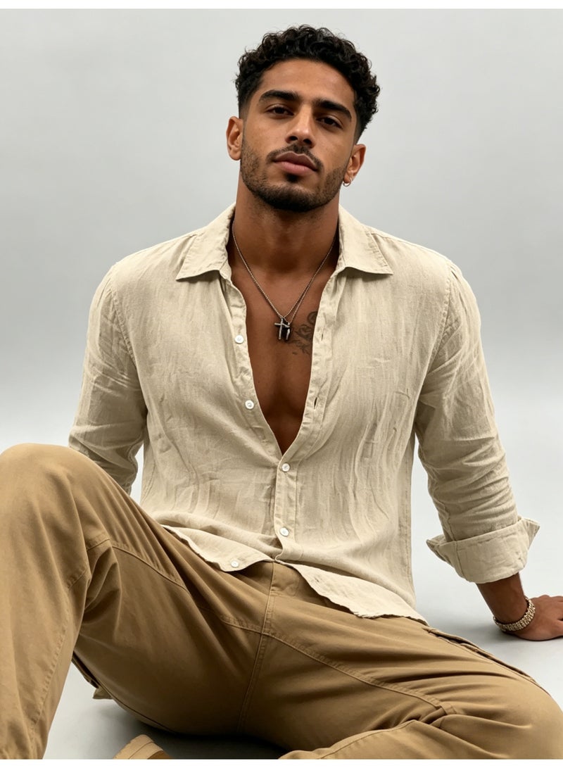 زارا ZARA Men’s Beige Relaxed Fit Long Sleeve Linen Button Down Shirt - Image 1