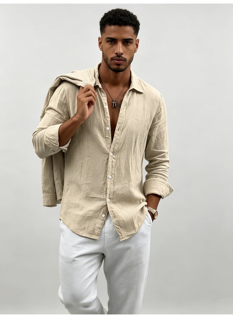 زارا ZARA Men’s Beige Relaxed Fit Long Sleeve Linen Button Down Shirt - Image 4