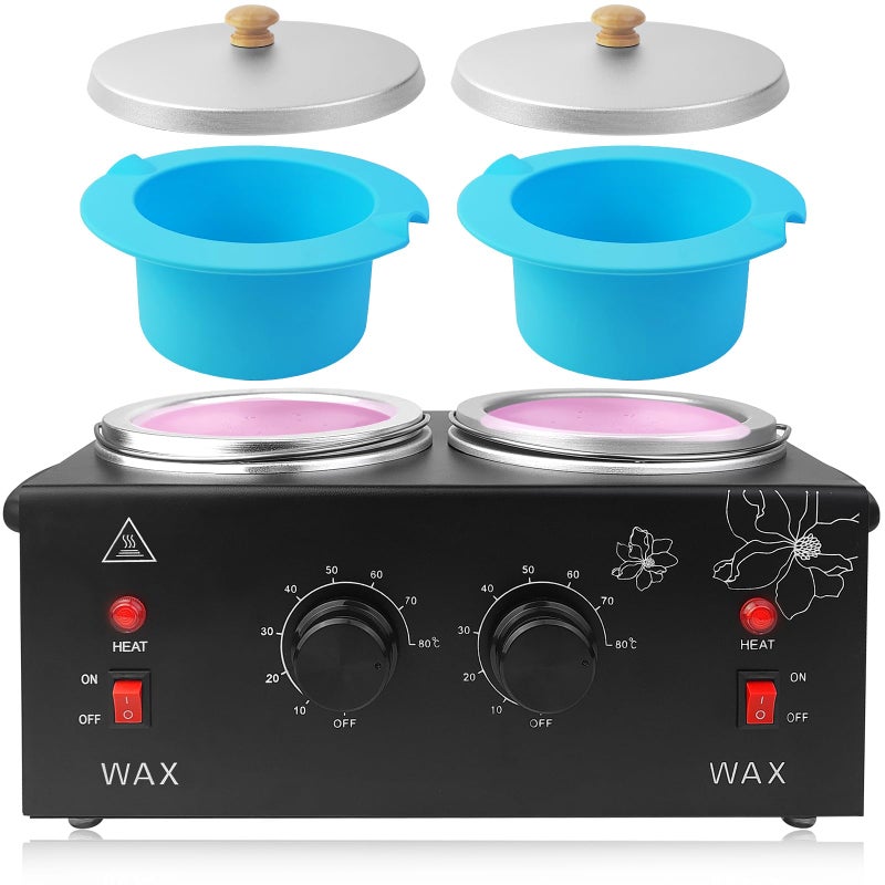 folconroad Portable Wax Warmer Machine for Painless Hair Removal, Women Men Professional Wax Heater with Adjustable Temperature Set, 40pcs Wax Sticks, 2pcs Silicone Bowls (Black - Double Pots) - Image 1