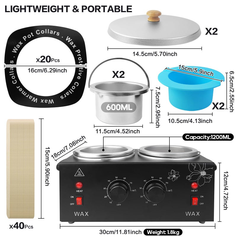 folconroad Portable Wax Warmer Machine for Painless Hair Removal, Women Men Professional Wax Heater with Adjustable Temperature Set, 40pcs Wax Sticks, 2pcs Silicone Bowls (Black - Double Pots) - Image 2