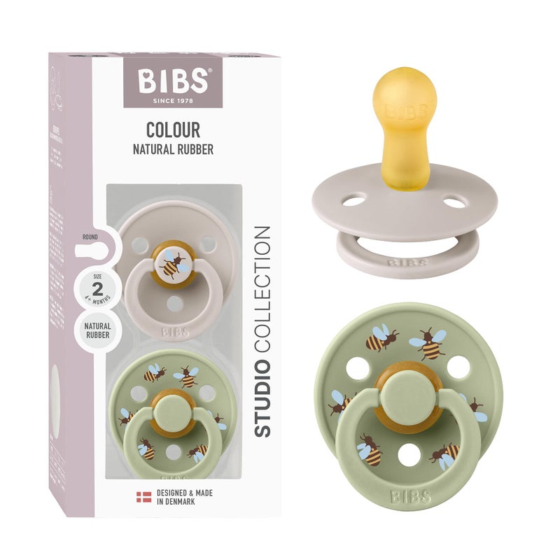 BIBS Studio Soother 2-Pack, BPA Free Dummy Pacifier, Round Nipple. Natural Rubber Latex, Made in Denmark, Size 2 (6-18 Months), Mushroom/Sage - Image 1