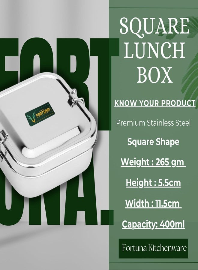FORTUNA KITCHENWARE Fortuna Stainless Steel Lunch Box, Square - 400ml | Compartment Traditional Tiffin Box with Seperator Plate | Easy to Carry, Locking Clip | Ideal for School, Office, Men, Women (Small) - Image 3
