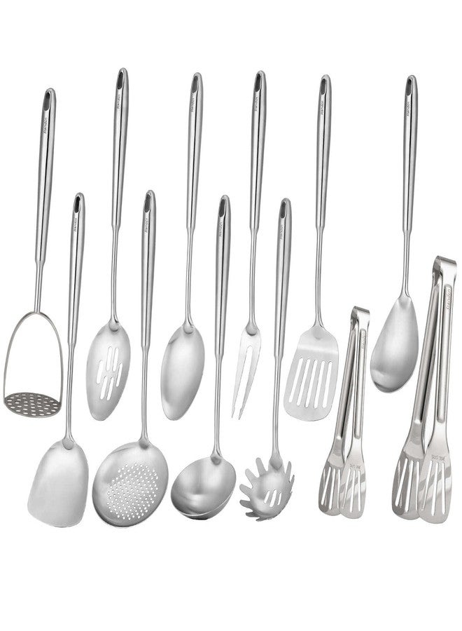 Standcn 18/10 Stainless Steel Kitchen Utensils Set - 12 PCS All Metal Cooking Tools & 15″ Serving Utensils - Potato Masher, Meat Fork, Tongs, Turner, Pasta, Serving Spoon, Skimmer, Ladle, Spatula Spoon Set - Image 1