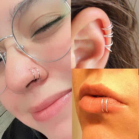 MODRSA Fake Lip Piercing Fake Lip Ring Cuffs Clip on Faux Snake Bites Hoops Non Piercings Jewelry Silver for Halloween Jewelry Clip Double Hoop - Image 4