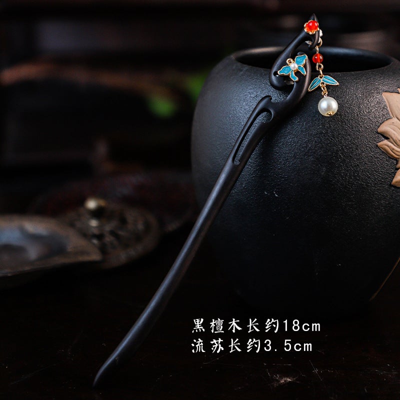 Generic Ebony hairpin ancient style new Chinese cheongsam daily updo raccoon vest skirt national style wooden hairpin accessories Classical Blue butterfly Ebony hairpin (A228)