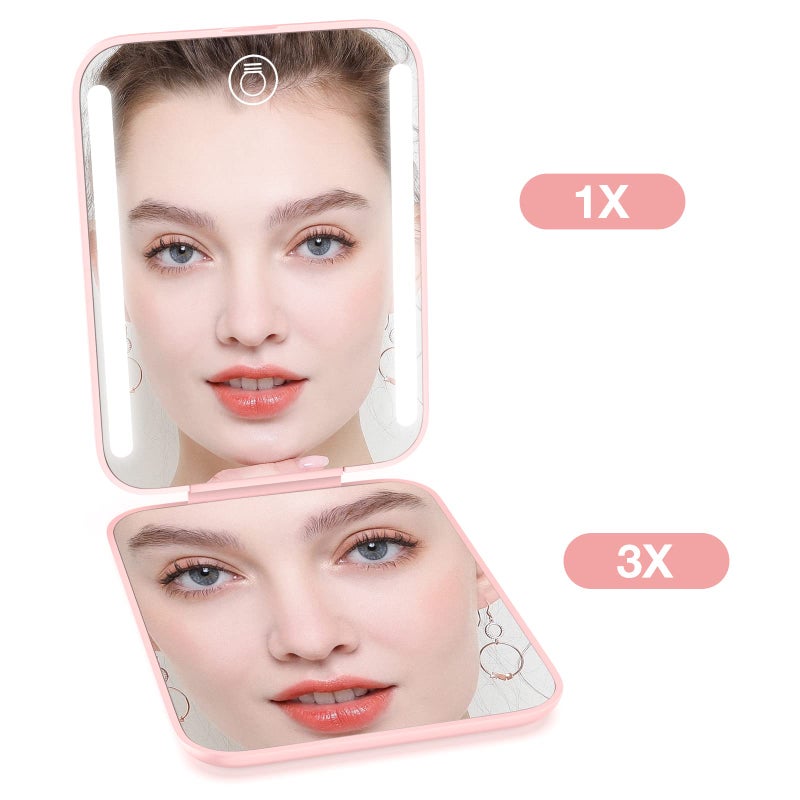 Kintion Kintion Rechargeable Pocket Mirror  Double Sided 1X/3X Magnification Compact Vanity Mirror  3 Color Lights  Dimmable  Small Portable Wallet Mirror  Lighted Travel Mirror for Women Gifts  Pink  - Image 4
