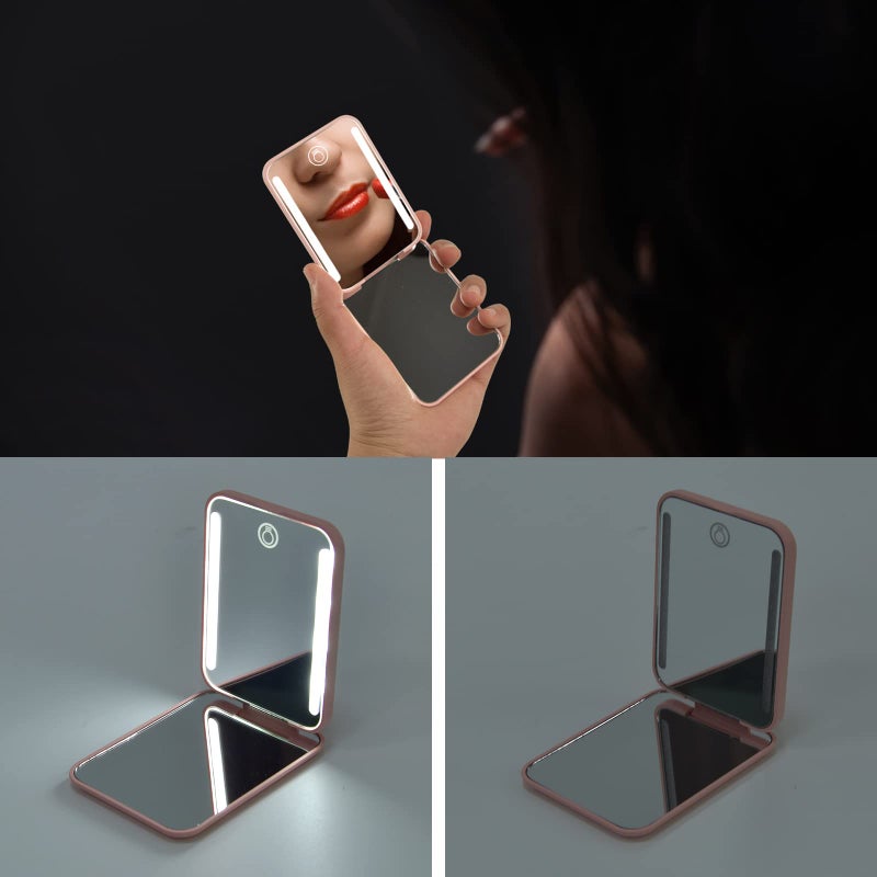 Kintion Kintion Rechargeable Pocket Mirror  Double Sided 1X/3X Magnification Compact Vanity Mirror  3 Color Lights  Dimmable  Small Portable Wallet Mirror  Lighted Travel Mirror for Women Gifts  Pink  - Image 3