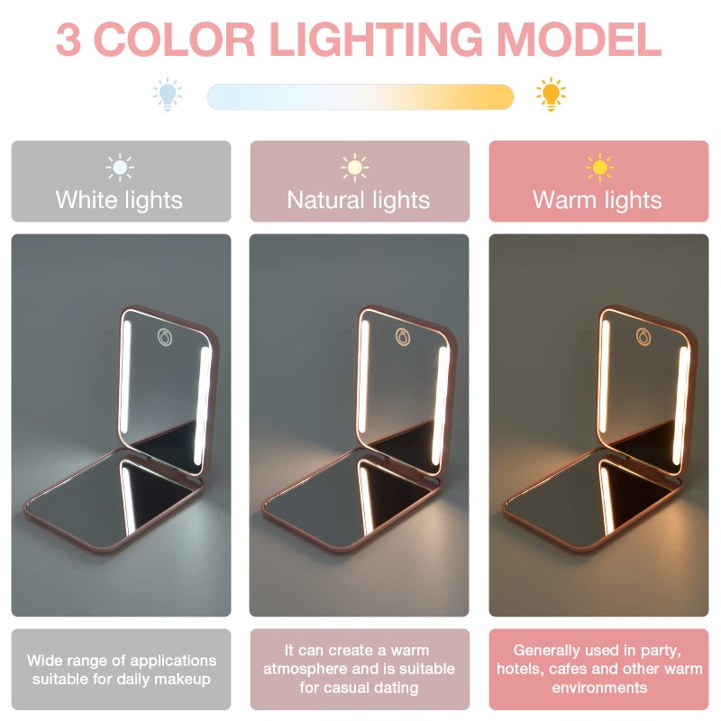 Kintion Kintion Rechargeable Pocket Mirror  Double Sided 1X/3X Magnification Compact Vanity Mirror  3 Color Lights  Dimmable  Small Portable Wallet Mirror  Lighted Travel Mirror for Women Gifts  Pink  - Image 5