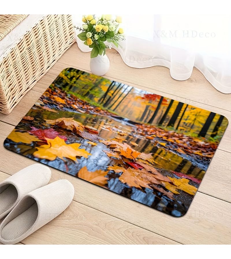 Yellow 31.49x47.24 Inch Autumn Maple Leaf Forest Print Gaming Room Mat Bathroom Rug Kitchen Carpet Living Room Bedroom Entrance Door Mat Machine Washable - Image 1
