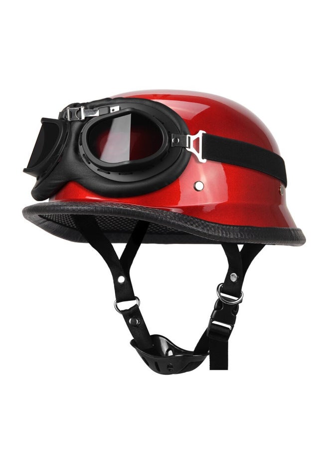 Retro Half Helmet with Goggles - Red & Black, Unisex, Electric Car & Motorcycle Riding Helmet