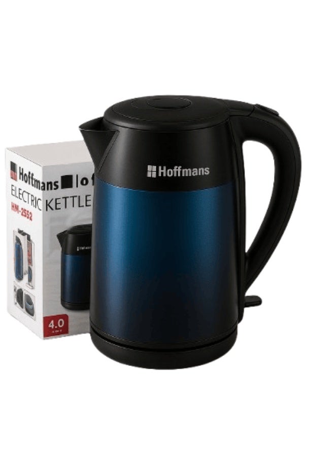 Hoffmans Electronics Electric Kettle 4L – BPA-Free Interior, High-Quality Plastic, 360° Swivel Base, Fast Boil, Durable Design – Model HM-2552 – Blue/Black - Image 1