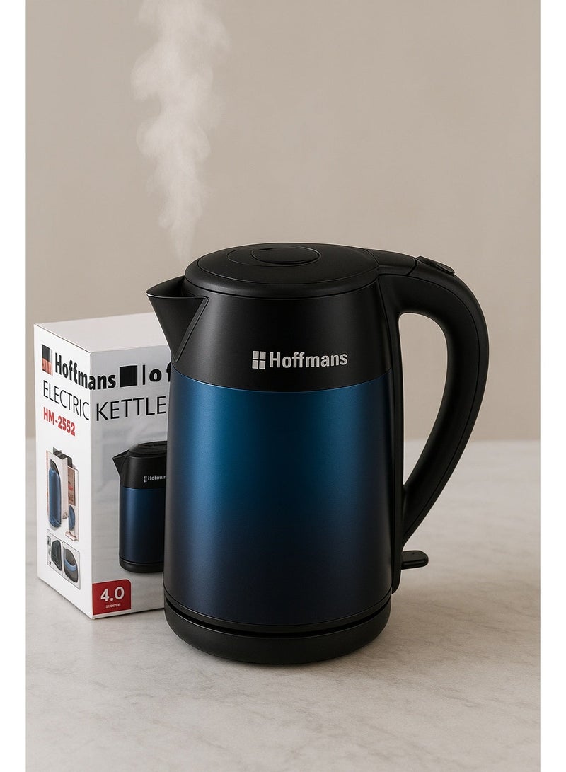 Hoffmans Electronics Electric Kettle 4L – BPA-Free Interior, High-Quality Plastic, 360° Swivel Base, Fast Boil, Durable Design – Model HM-2552 – Blue/Black - Image 2
